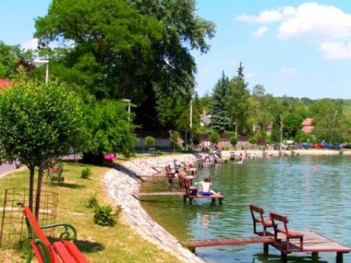 A Bánki-tó partjának látképe a horgászstégekkel. Majdnem az összes stég foglalt. Balra nagy fák, jobbra pedig a tó látható.
